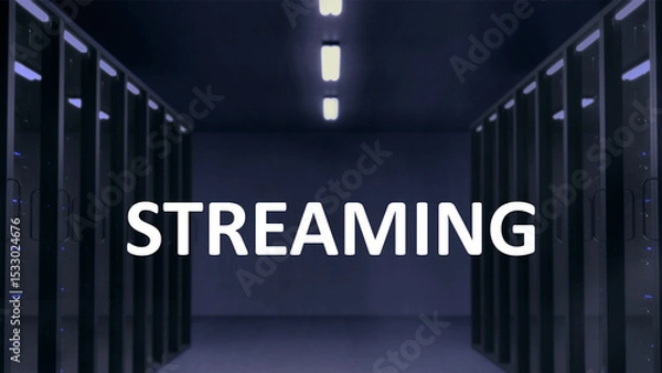 Fototapeta Text Streaming at the midpoint with a dark office area on the background