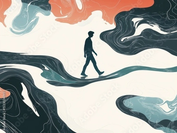 Fototapeta an Asian man walking on the surface of swirling water, with simple lines and shapes in dark blue and white Generative AI