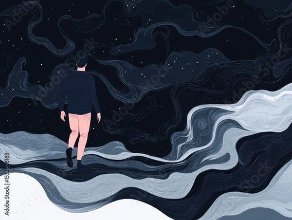Fototapeta A man is walking on the ground, surrounded by black and white waves of water, wearing dark blue long sleeves with pink pants underneath Generative AI