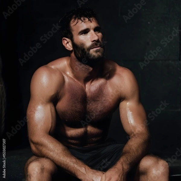 Fototapeta A muscular man resting and breathing heavily between sets