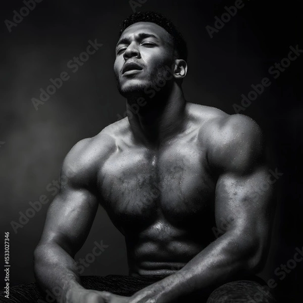 Fototapeta Muscular man resting between sets breathing heavily