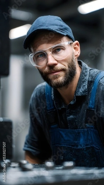 Fototapeta Skilled engineer operating a CNC in a metal workshop