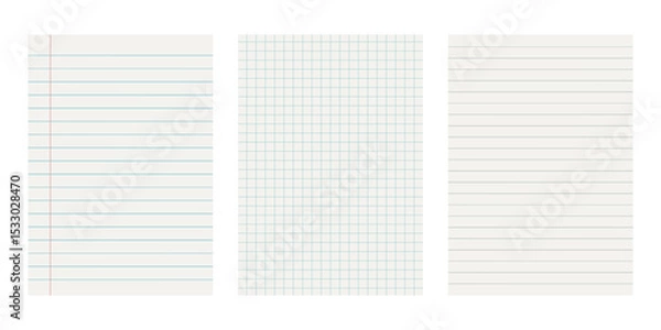 Fototapeta Lined and checkered sheets of white paper. Blank pages of school notebook. Background paper texture	
