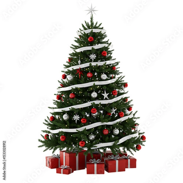 Obraz Christmas Tree with Silver and Red Decorations Isolated on Transparent Background


