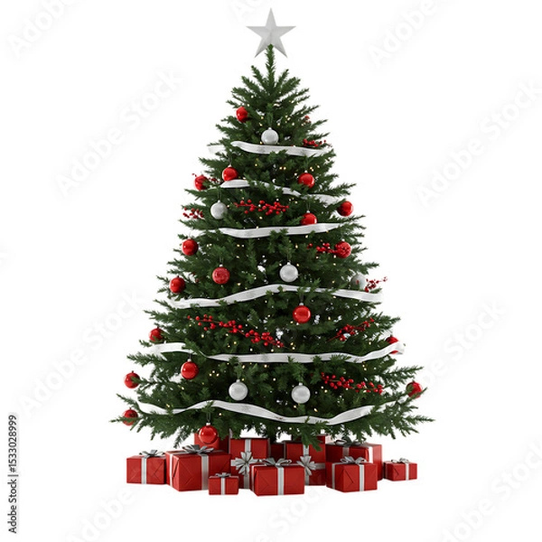 Obraz Decorated Christmas Tree with Red Gifts on Transparent Background

