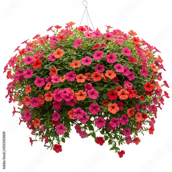Obraz Hanging Basket of Colorful Petunia Flowers on Transparent Background

