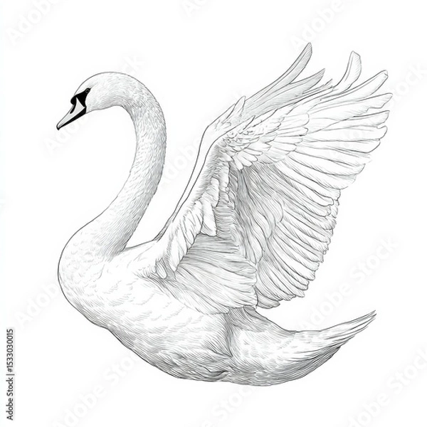 Fototapeta Elegant white swan with outstretched wings gliding gracefully over water at dawn near a serene lakeside
