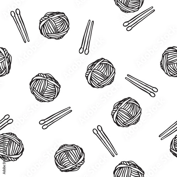 Fototapeta seamless pattern with balls of yarn and knitting needles. vector print in doodle style
