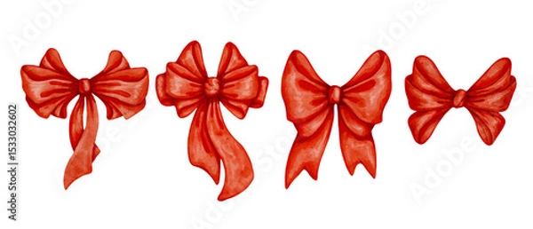 Fototapeta Set of red festive satin bows.Vector graphics.