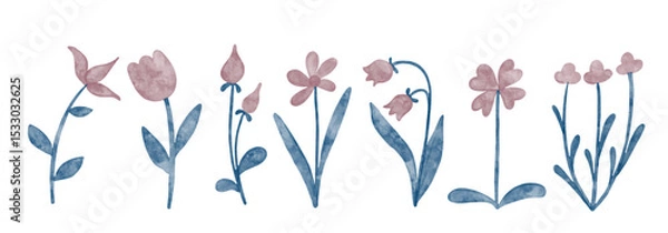 Fototapeta Set of stylized, abstract botanical elements, flowers. Vector graphics.