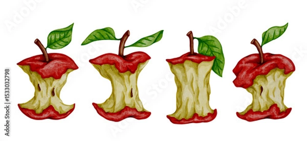 Fototapeta Colorful slices of juicy red apple tree, cores of fruits with leaves.Vector graphics.
