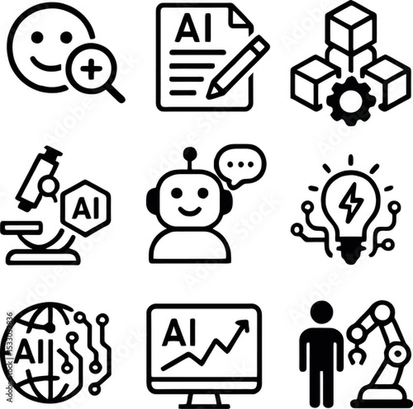 Fototapeta Outline icons set showing emotion detection, scientific AI, AI-driven documentation, customer support chatbot, global analytics, and robotics collaboration.