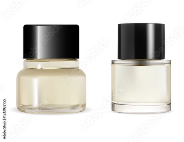 Obraz Transparent nail polish base bottle mockup set. Lacquer glass packaging illustration, fingernail cosmetic design. Shellac primer cylinder container template, trendy woman concept