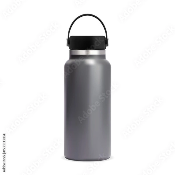 Obraz Insulated water bottle. Reusable thermo flask mockup. Stainless steel metal thermos, realistic portable coffee or tea container with plastic lid for branding illustration. Sport bottle blank template