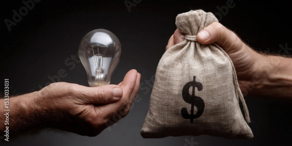 Fototapeta Light bulb and a bag with money on a black background. Business idea