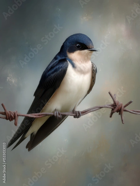 Fototapeta A single swallow bird perched on barbed wire against an open sky