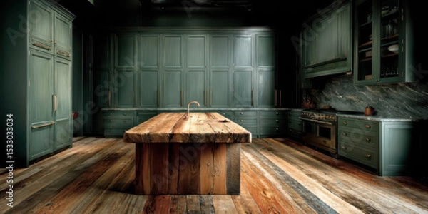 Fototapeta A modern yet rustic kitchen in a traditional Swedish farmhouse, featuring shaker-style cabinets in matte green
