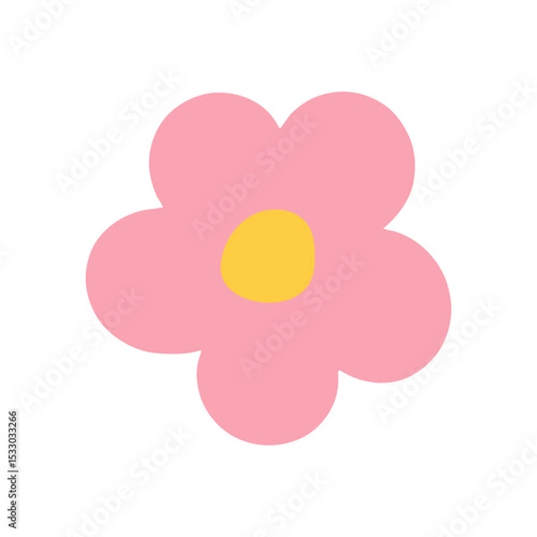 Fototapeta Minimal and cute pink flower illustration featuring a rounded yellow center, in flat cartoon style. Vector illustration