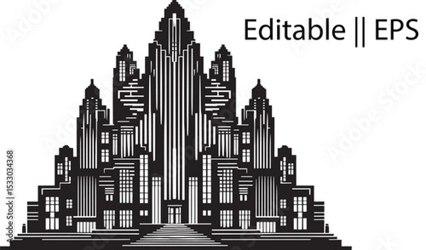 Obraz Vintage Art Deco Skyscrapers Vector – Black Silhouette with Tiered Rooftops & Symmetry