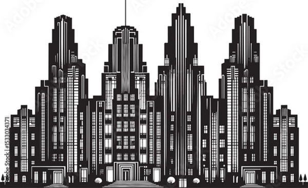 Obraz Vintage Art Deco Skyscrapers Vector – Black Silhouette with Tiered Rooftops & Symmetry