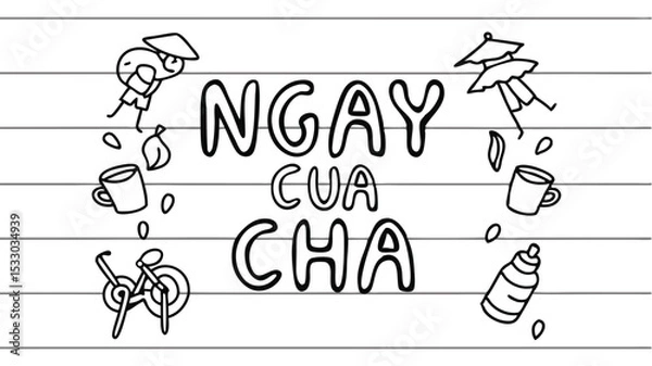 Fototapeta Artistic hand drawn vietnamese father's day illustration featuring cultural elements and text display