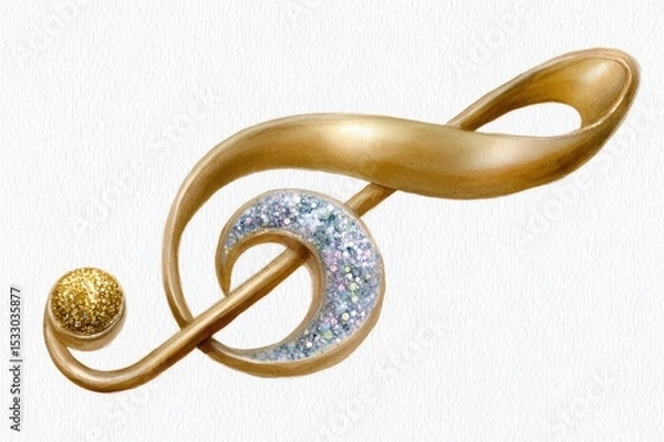 Fototapeta Golden music note with a glitter effect, isolated on a white background. A golden musical clef in a watercolor style.