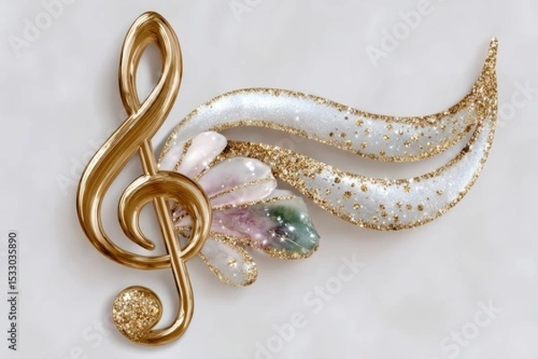 Fototapeta Golden music note with a glitter effect, isolated on a white background. Gold music symbol in the shape of a treble clef with golden splashes and swirls.