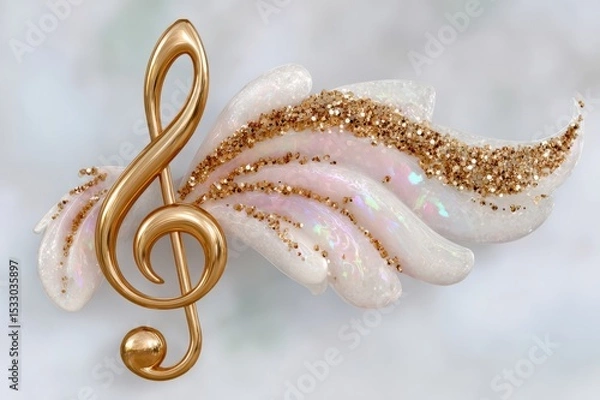 Fototapeta Golden music note with a glitter effect, isolated on a white background. Gold music symbol in the shape of a treble clef with golden splashes and swirls.