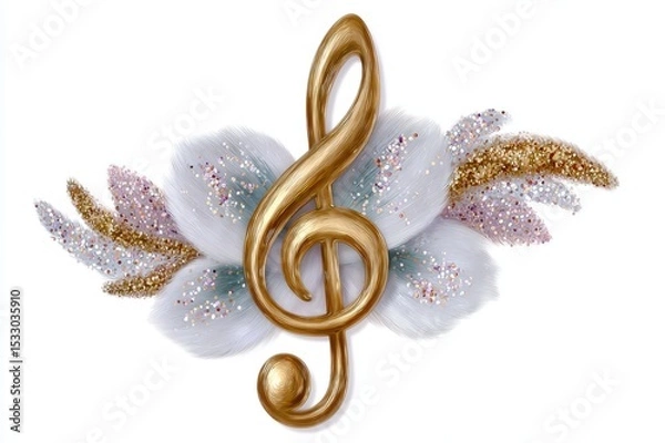 Fototapeta Golden music note with a glitter effect, isolated on a white background. Gold music symbol in the shape of a treble clef with golden splashes and swirls.