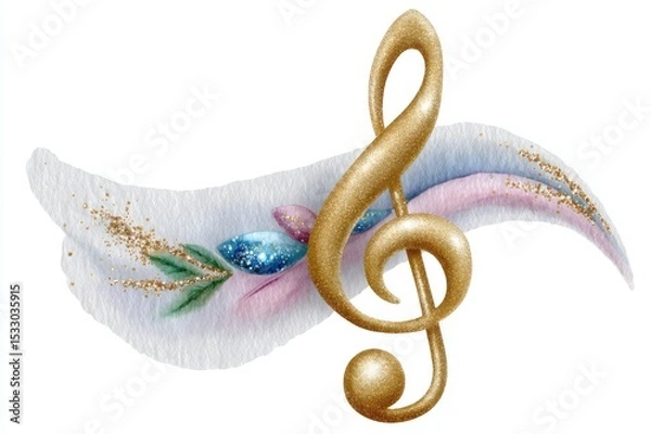 Fototapeta Golden music note with glitter and dust, a musical concept. Golden clef symbol in a watercolor style. Abstract art design for a banner, poster, web, print, card, or wallpaper.