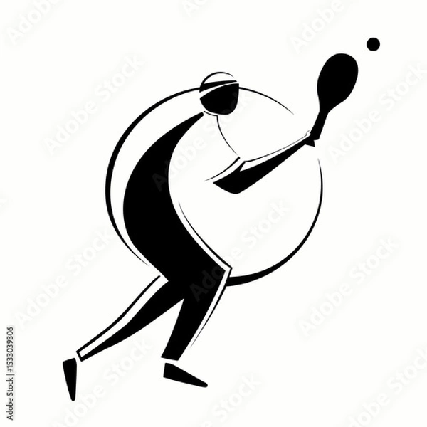 Obraz Minimalist Black and White Vector of Spherical Tennis Player Swinging Racket – Abstract Sport Concept Illustration for Fitness, Branding