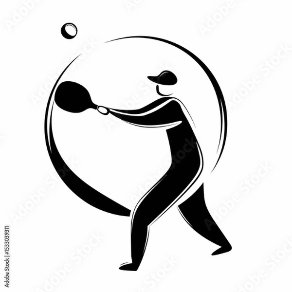 Obraz Minimalist Black and White Vector of Spherical Tennis Player Swinging Racket – Abstract Sport Concept Illustration for Fitness, Branding