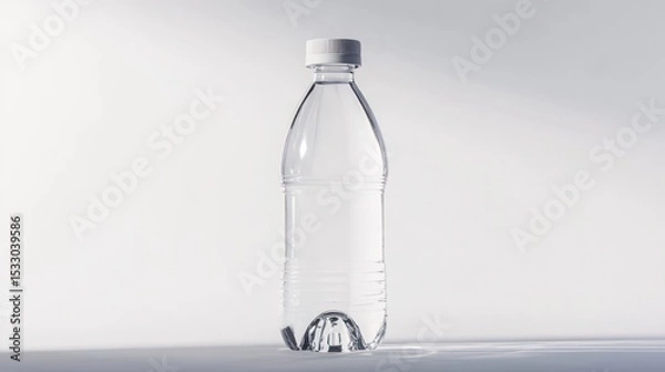Fototapeta A clear plastic bottle with a white cap stands against a plain white background in a studio shot