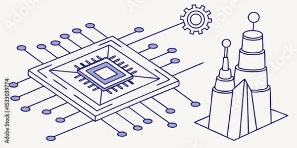 Obraz Microchip with Computer Towers Illustration of Technology