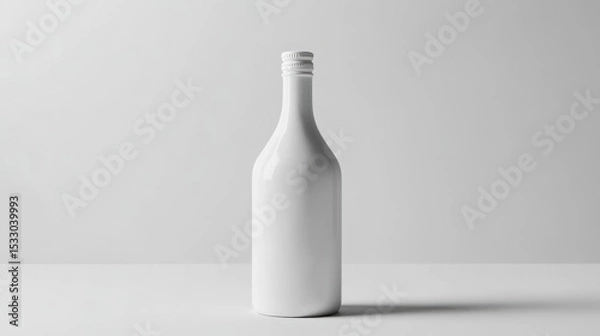 Fototapeta A white bottle with a silver cap stands on a white surface against a white background scene view