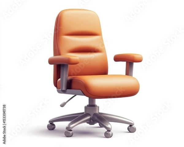 Fototapeta A front view of an orange office chair with armrests and a silver base on a white background