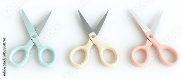 Obraz Three pastel scissors aligned on a white surface with different handle colors in a row view