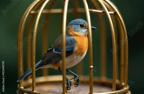 Fototapeta A beautiful bird is sitting in a bird cage. The background is slightly blurred, which highlights the bird and its cage.
