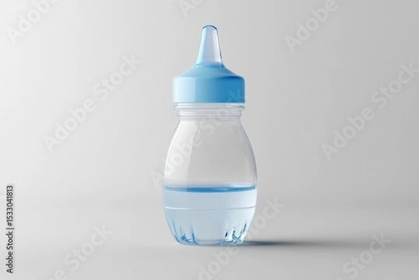 Fototapeta A clear bottle with a blue cap and liquid inside standing against a white background studio shot