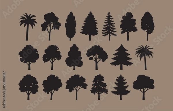 Obraz Collection of black tree silhouettes on brown background