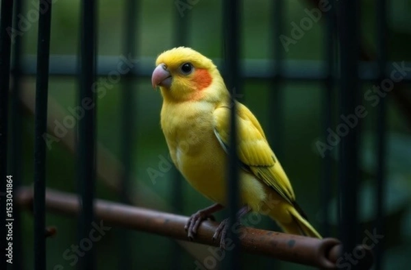 Fototapeta A beautiful bird is sitting in a bird cage. The background is slightly blurred, which highlights the bird and its cage.