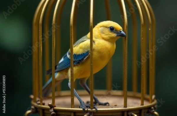Fototapeta A beautiful bird is sitting in a bird cage. The background is slightly blurred, which highlights the bird and its cage.