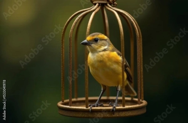 Fototapeta A beautiful bird is sitting in a bird cage. The background is slightly blurred, which highlights the bird and its cage.