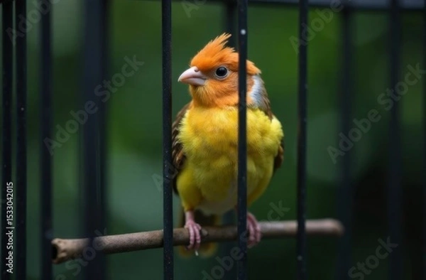 Fototapeta A beautiful bird is sitting in a bird cage. The background is slightly blurred, which highlights the bird and its cage.