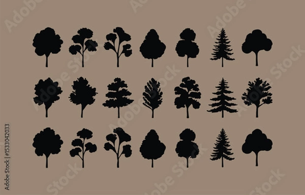 Obraz Collection of black tree silhouettes on brown background