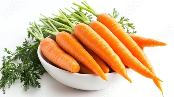 Fototapeta A close up of fresh carrots with green tops arranged in a white bowl on a white background