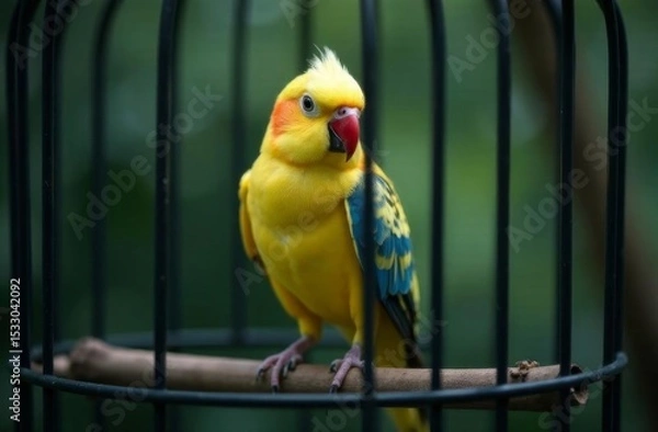 Fototapeta A beautiful bird is sitting in a bird cage. The background is slightly blurred, which highlights the bird and its cage.