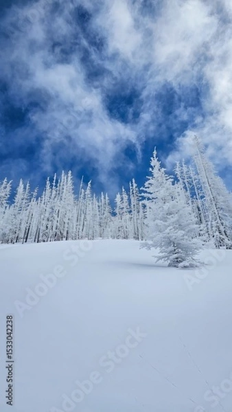 Obraz A snowy landscape featuring frosted trees under a blue sky with scattered white clouds on a winter day