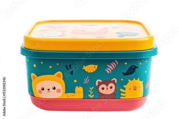 Fototapeta A colorful plastic container with animal designs on a white background in a studio shot