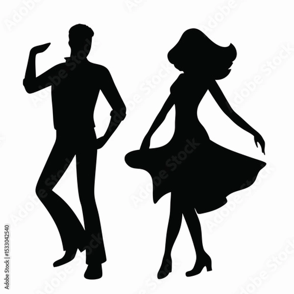 Fototapeta Silhouette of a man in shirt and pants dancing with a woman in dress with flowing hair on white background created with generated ai